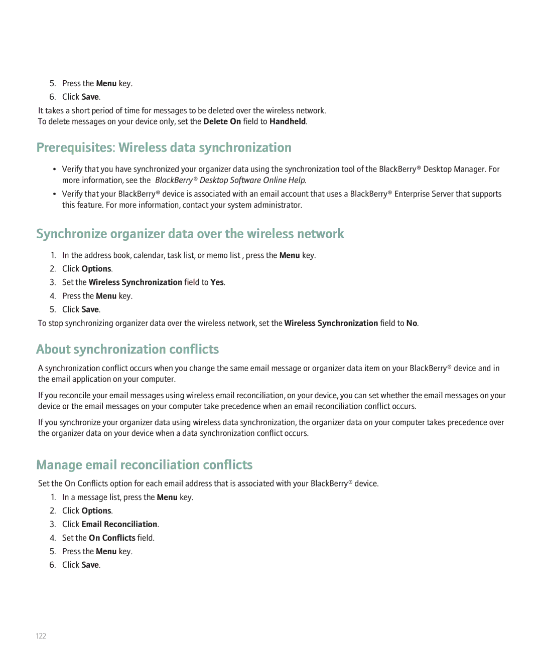 Blackberry BlackBerry 8320 manual Prerequisites Wireless data synchronization, About synchronization conflicts 