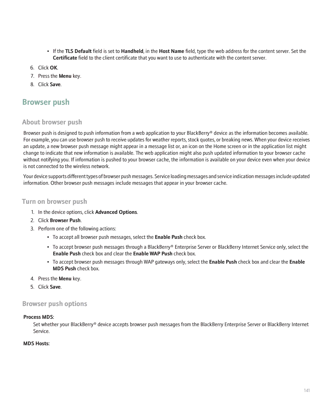Blackberry BlackBerry 8320 manual About browser push, Turn on browser push, Browser push options 