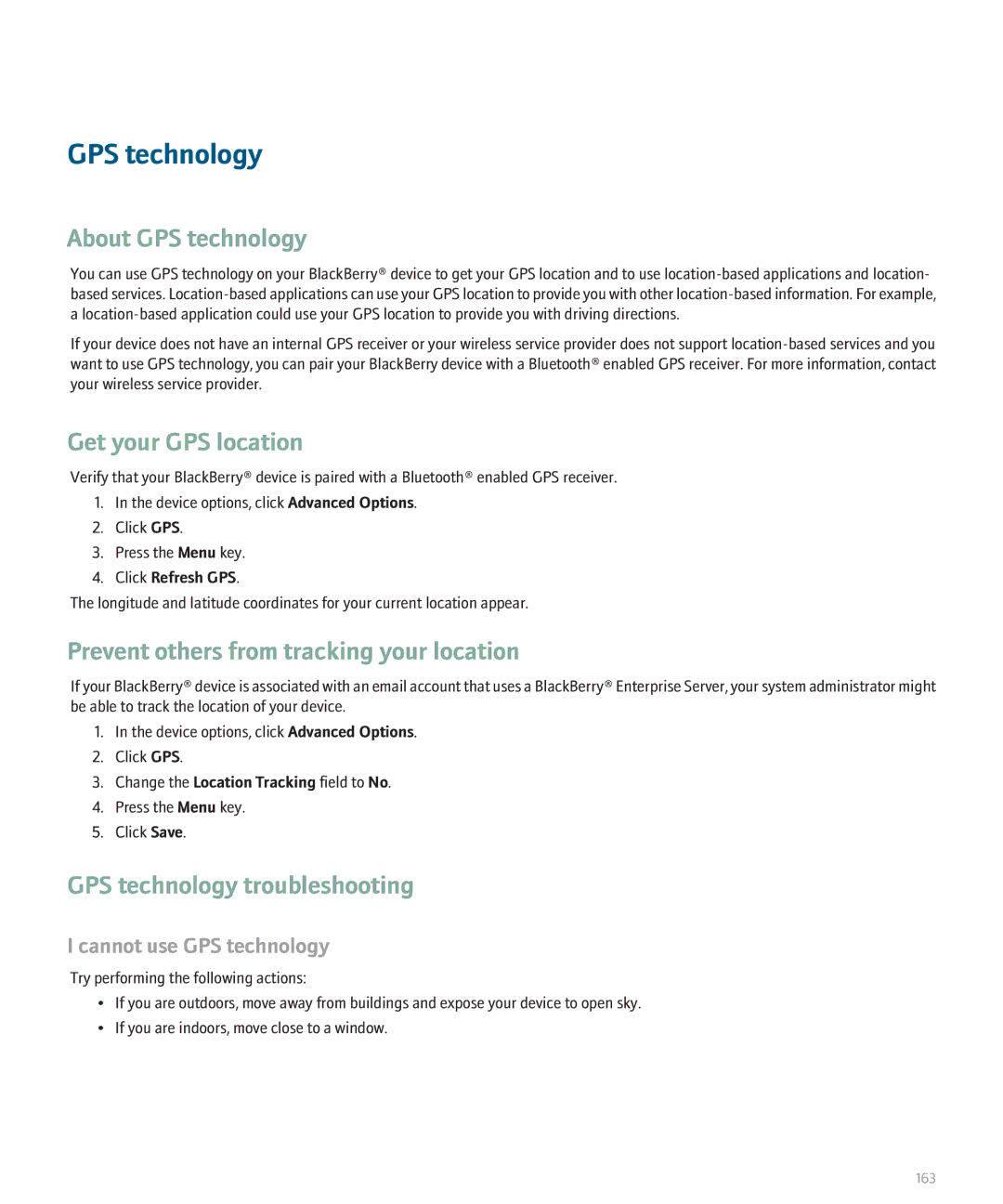 Blackberry BlackBerry 8320 About GPS technology, Get your GPS location, Prevent others from tracking your location 