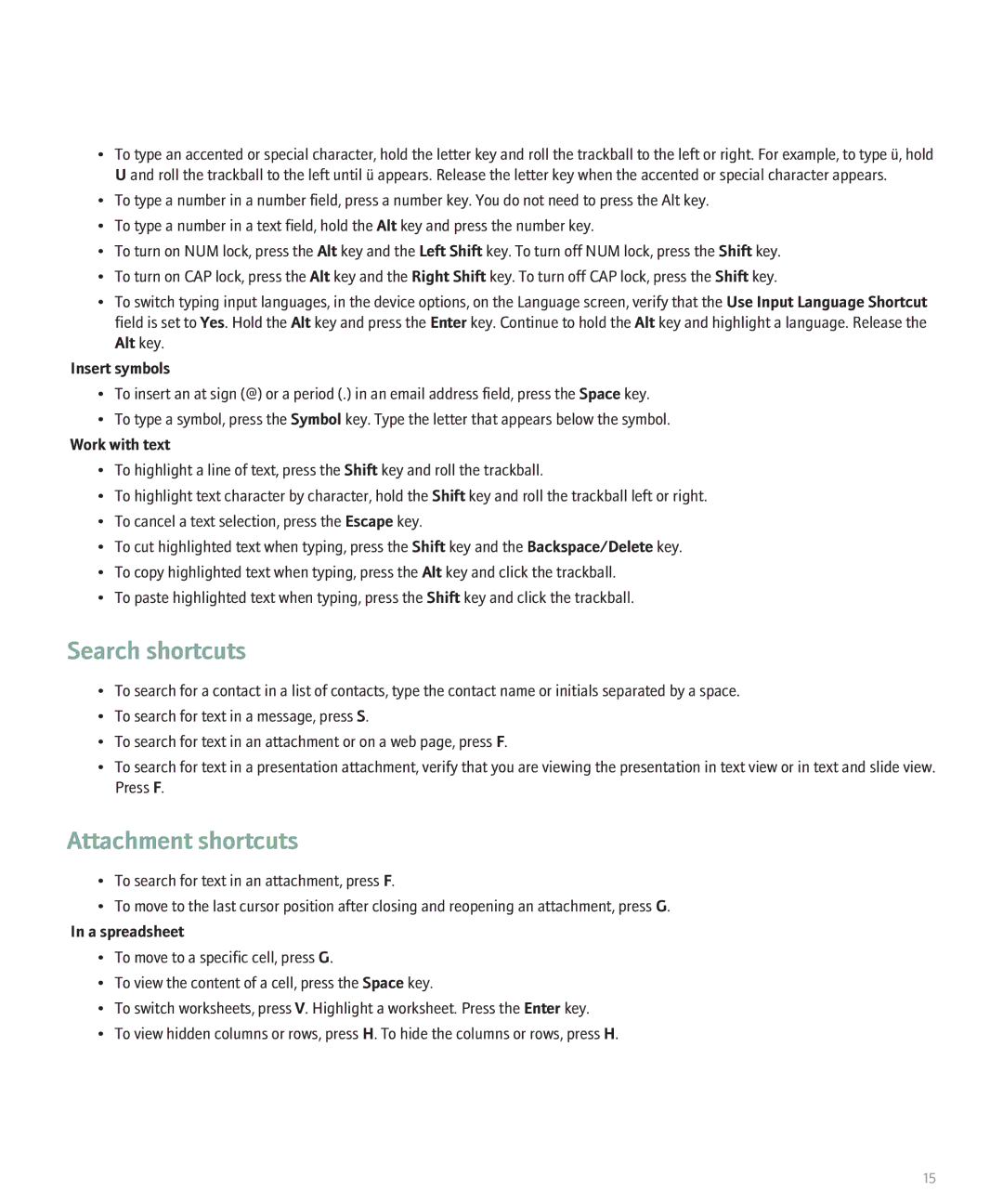 Blackberry BlackBerry 8320 manual Search shortcuts, Attachment shortcuts, Insert symbols, Work with text, A spreadsheet 