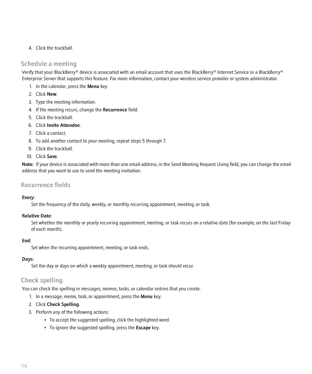 Blackberry BlackBerry 8320 manual Schedule a meeting, Recurrence fields 
