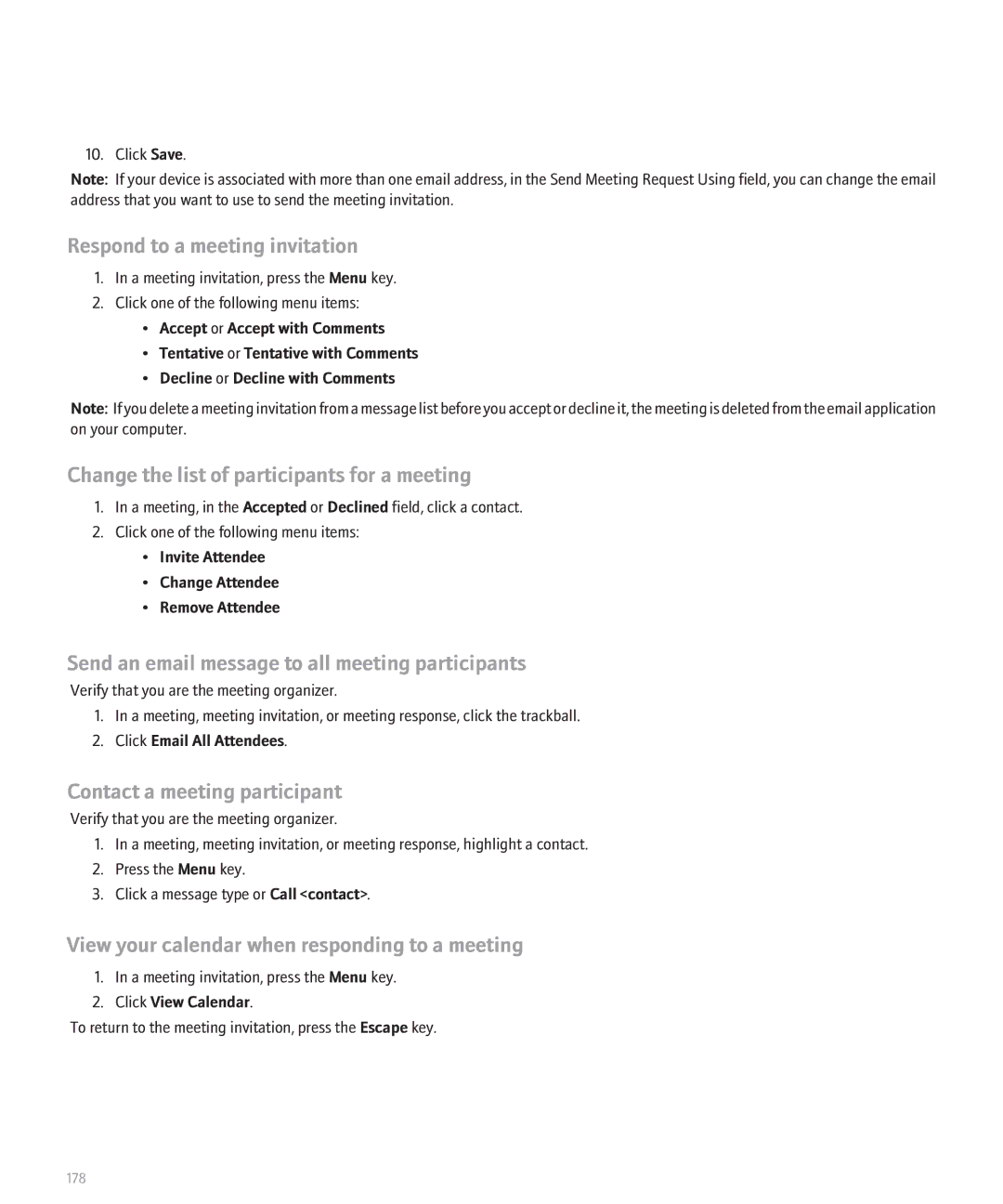 Blackberry BlackBerry 8320 manual Respond to a meeting invitation, Change the list of participants for a meeting 