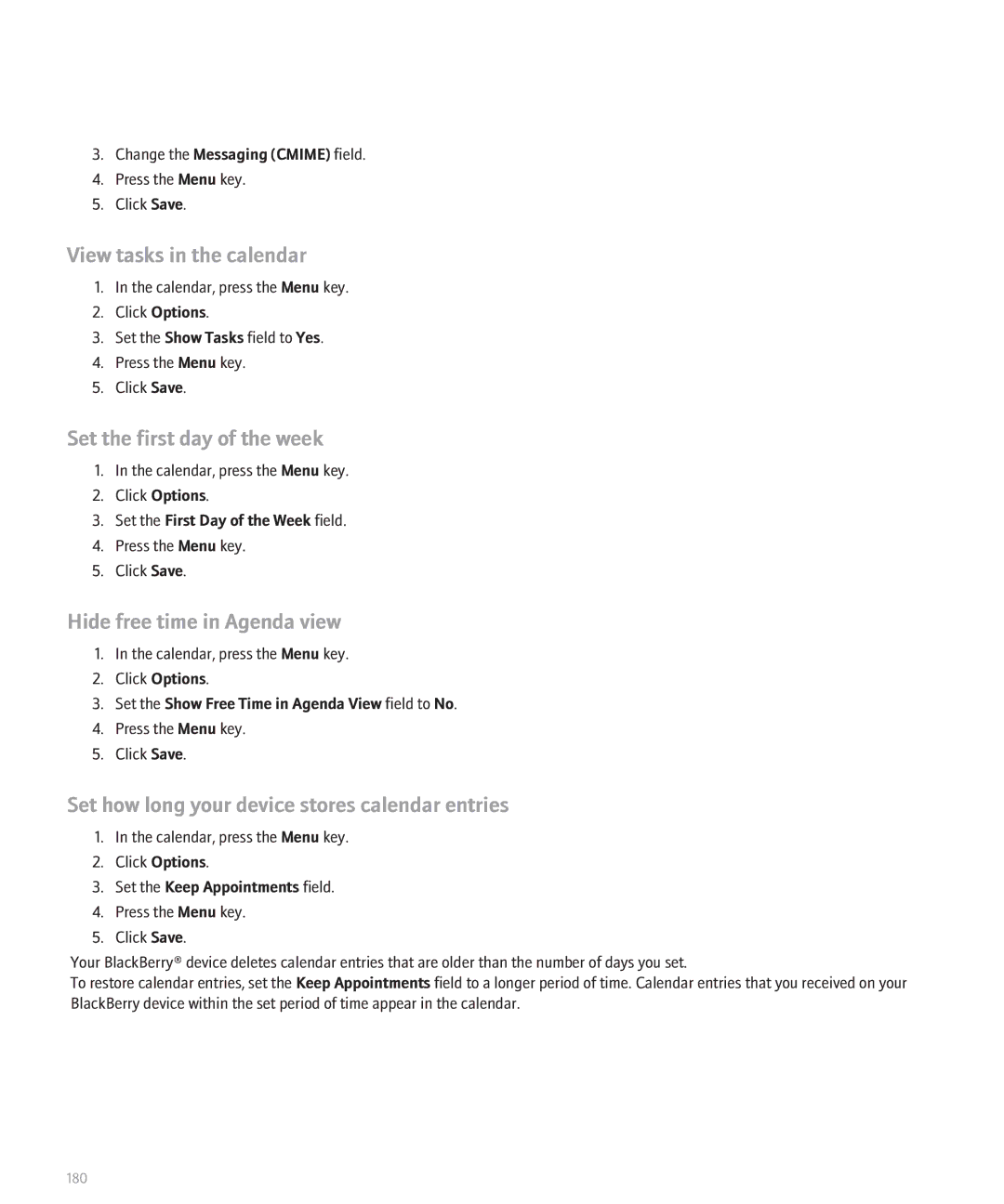 Blackberry BlackBerry 8320 manual View tasks in the calendar, Set the first day of the week, Hide free time in Agenda view 