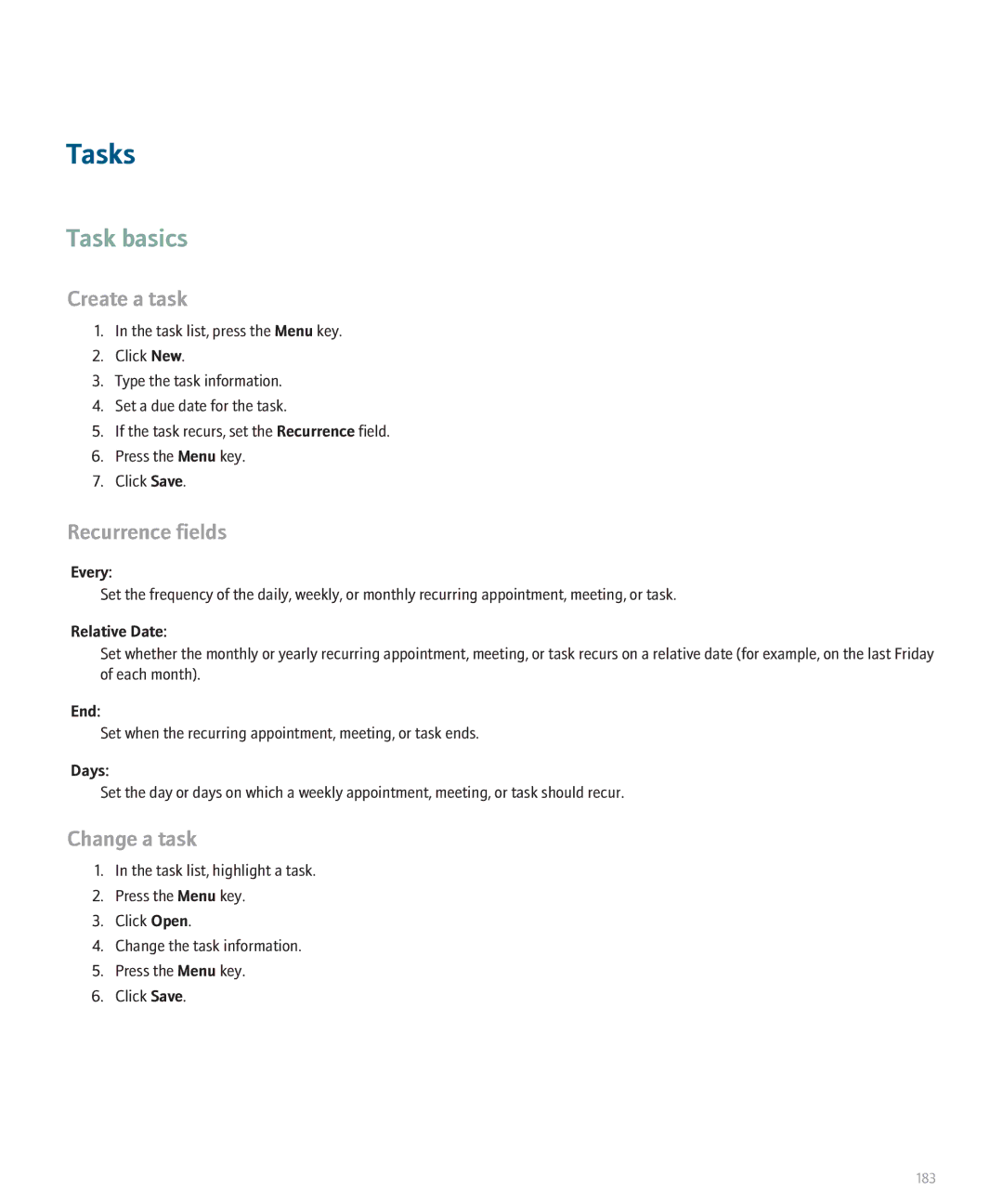 Blackberry BlackBerry 8320 manual Tasks, Task basics, Create a task, Change a task 