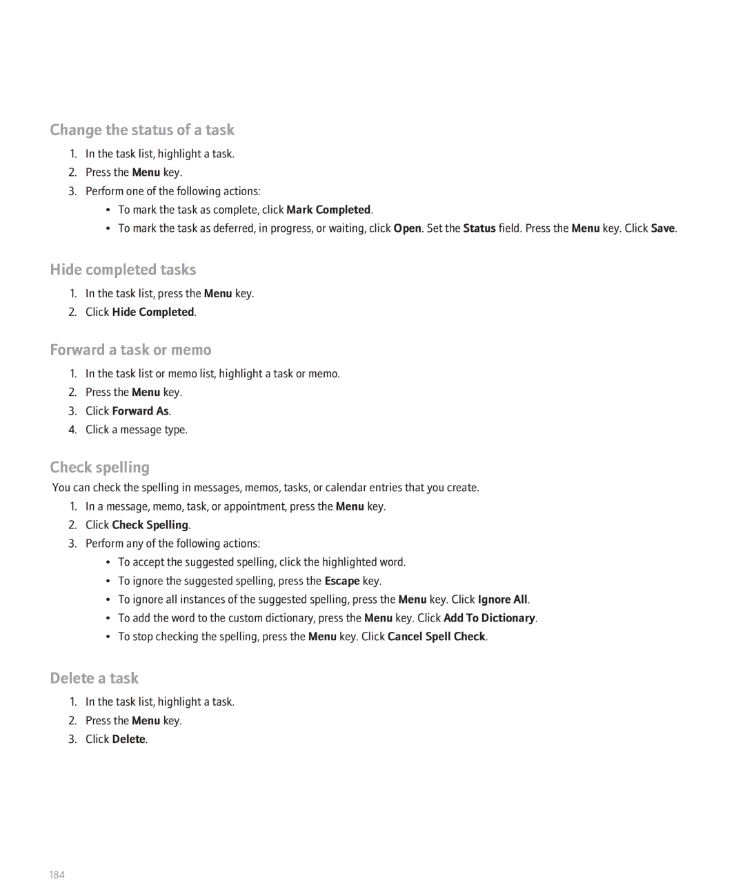 Blackberry BlackBerry 8320 manual Change the status of a task, Hide completed tasks, Forward a task or memo, Delete a task 