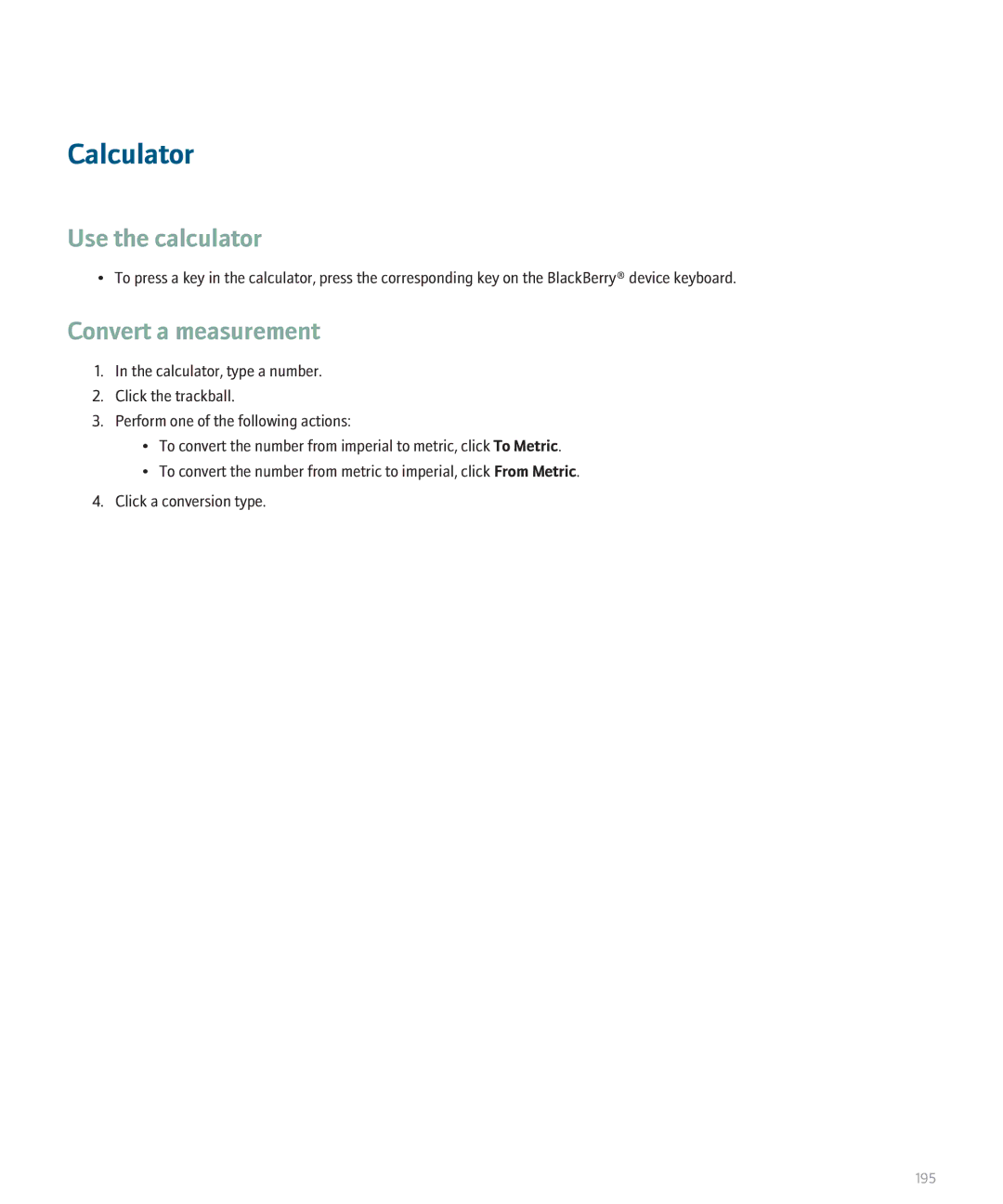 Blackberry BlackBerry 8320 manual Calculator, Use the calculator, Convert a measurement 
