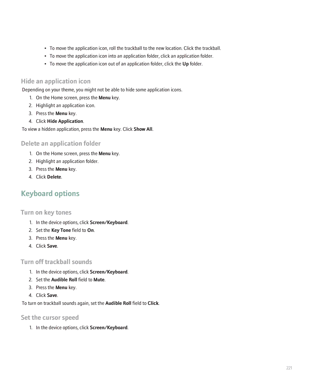 Blackberry BlackBerry 8320 manual Keyboard options, Hide an application icon, Delete an application folder 