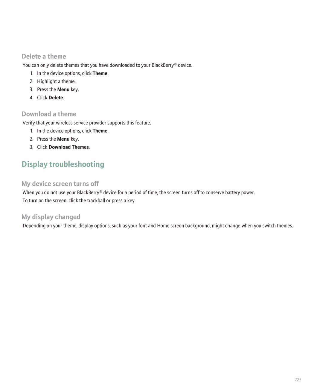 Blackberry BlackBerry 8320 manual Display troubleshooting, Delete a theme, Download a theme, My device screen turns off 
