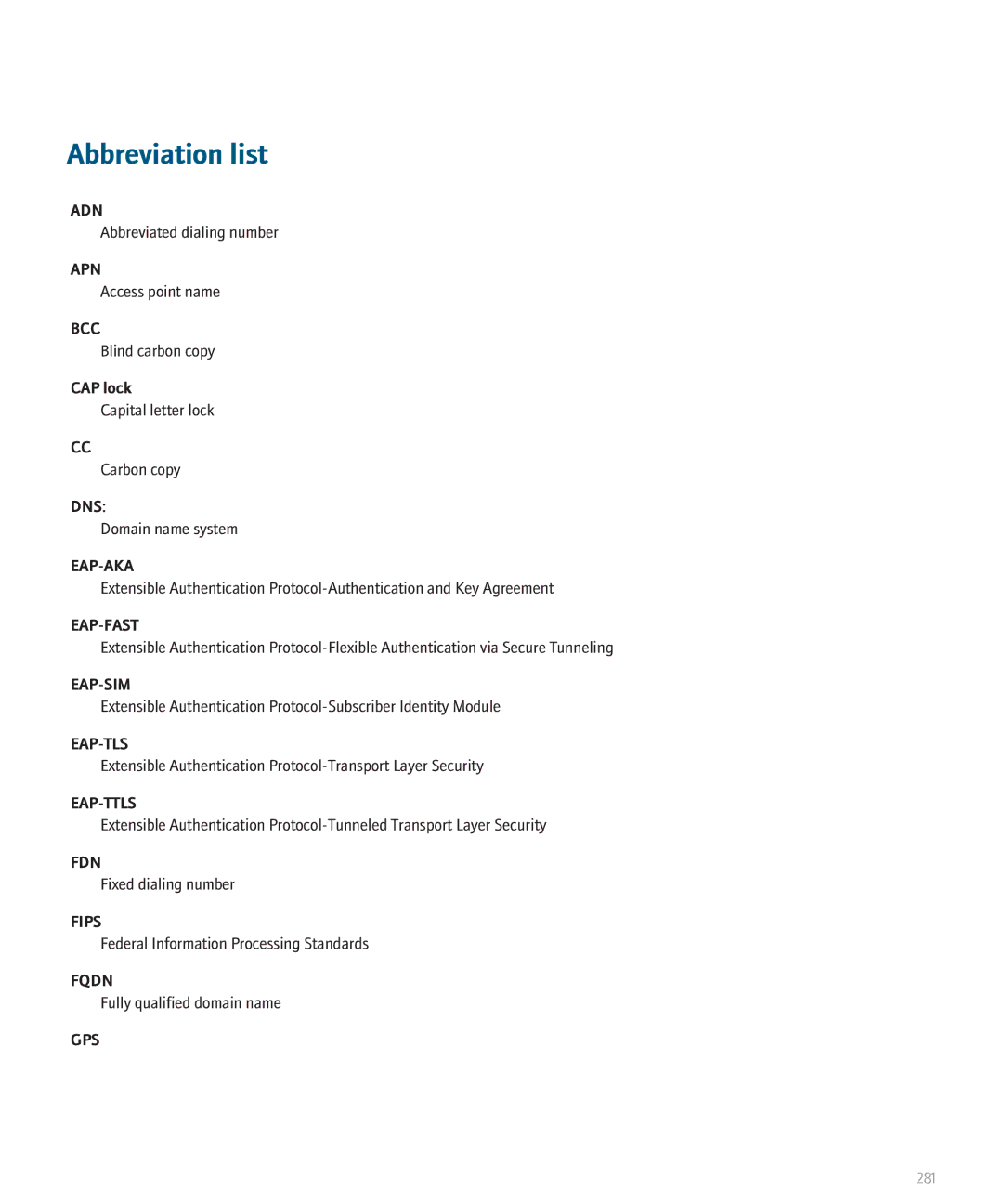 Blackberry BlackBerry 8320 manual Abbreviation list, CAP lock 