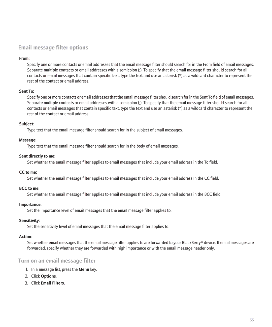 Blackberry BlackBerry 8320 manual Email message filter options, Turn on an email message filter 