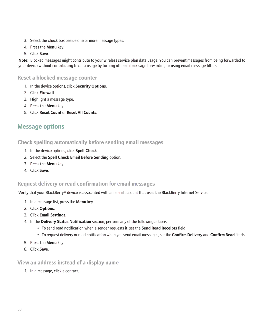 Blackberry BlackBerry 8320 Message options, Reset a blocked message counter, View an address instead of a display name 