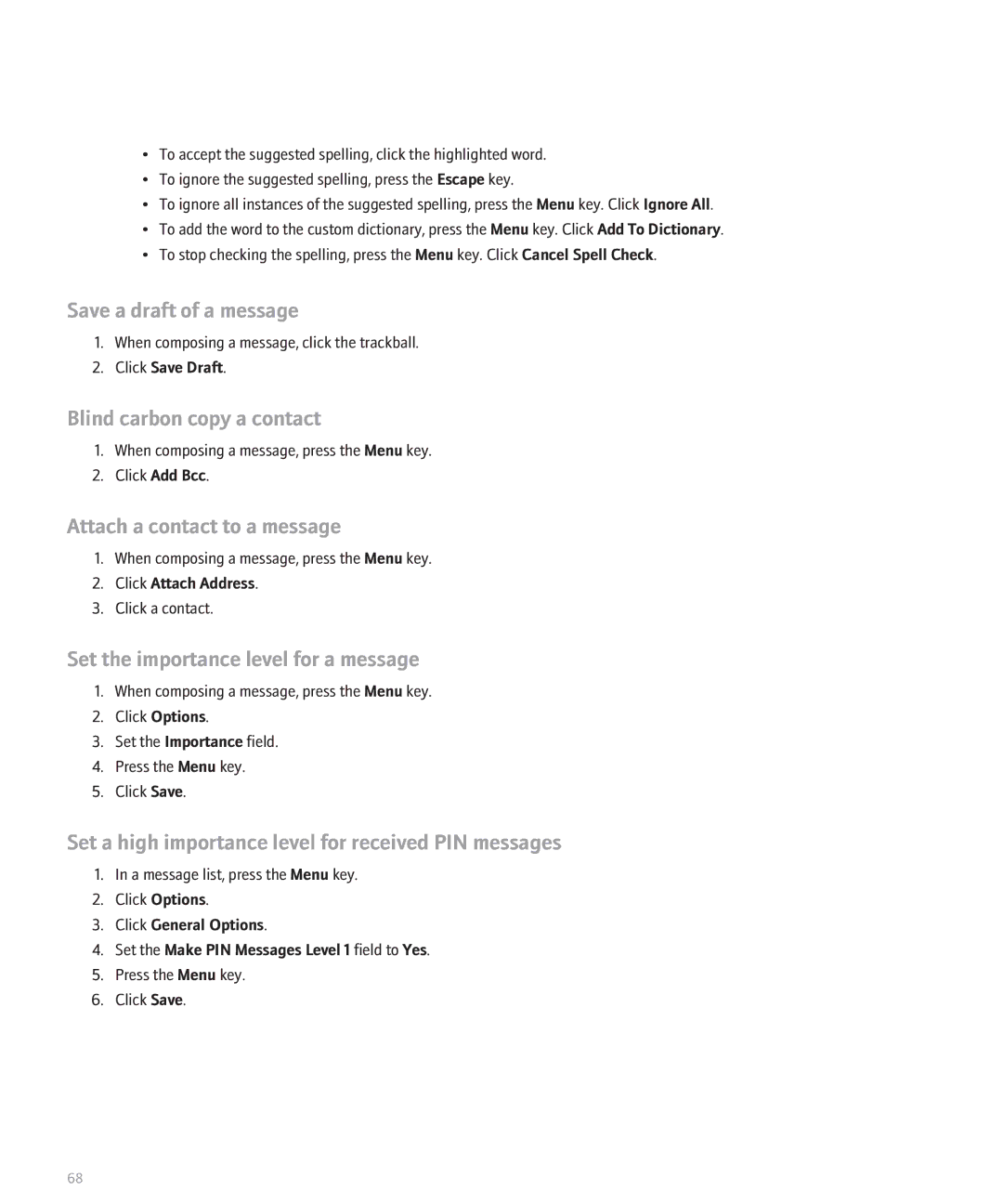 Blackberry BlackBerry 8320 manual Save a draft of a message, Set a high importance level for received PIN messages 