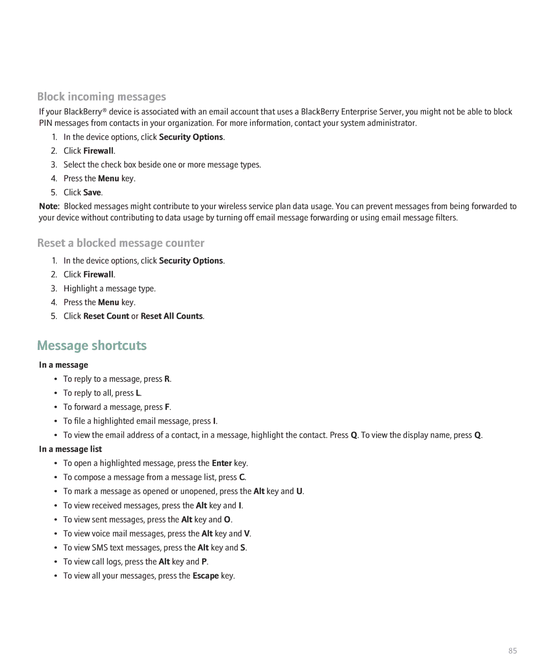 Blackberry BlackBerry 8320 manual Message shortcuts 