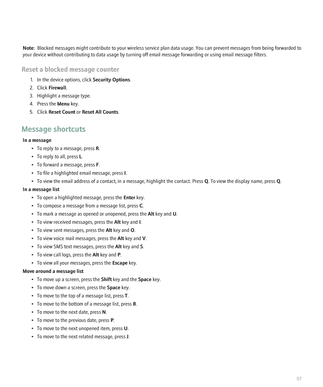 Blackberry BlackBerry 8320 manual Message shortcuts 