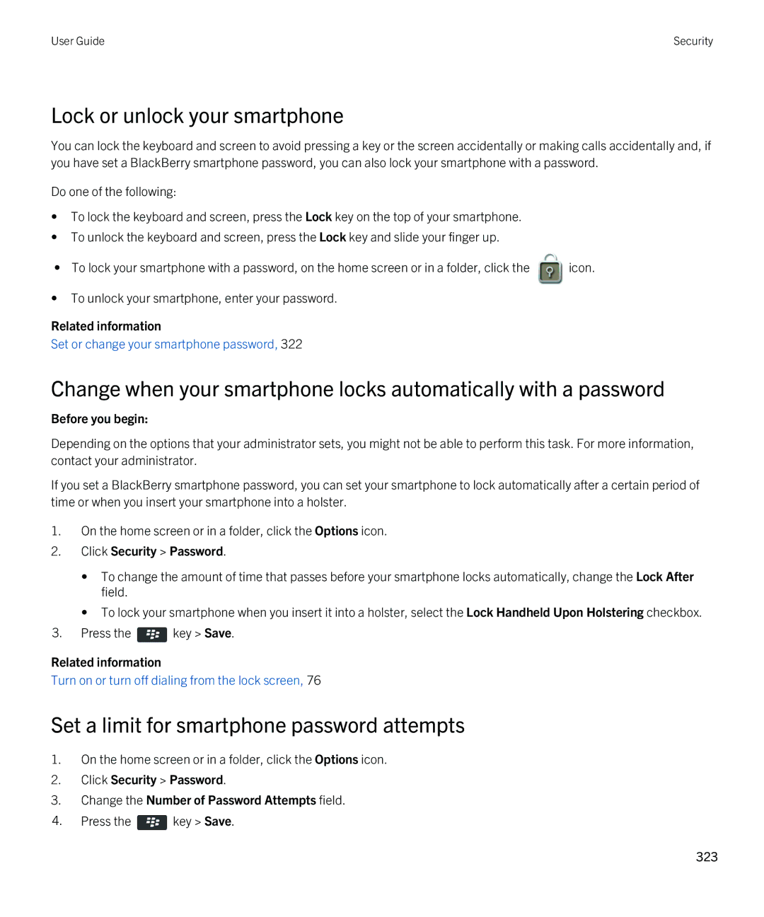 Blackberry BLACKBERRY 9981 manual Lock or unlock your smartphone, Set a limit for smartphone password attempts 