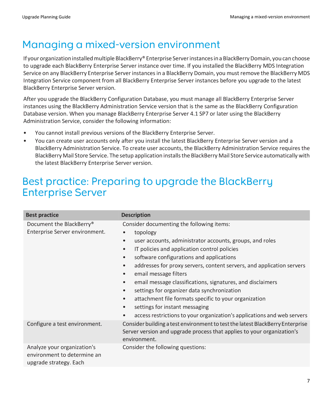 Blackberry blackberry enterprise server manual Managing a mixed-version environment, Best practice Description 