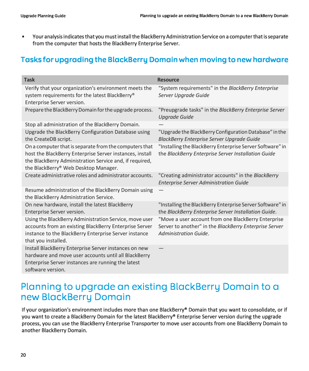 Blackberry blackberry enterprise server Tasks for upgrading the BlackBerry Domain when moving to new hardware, Resource 