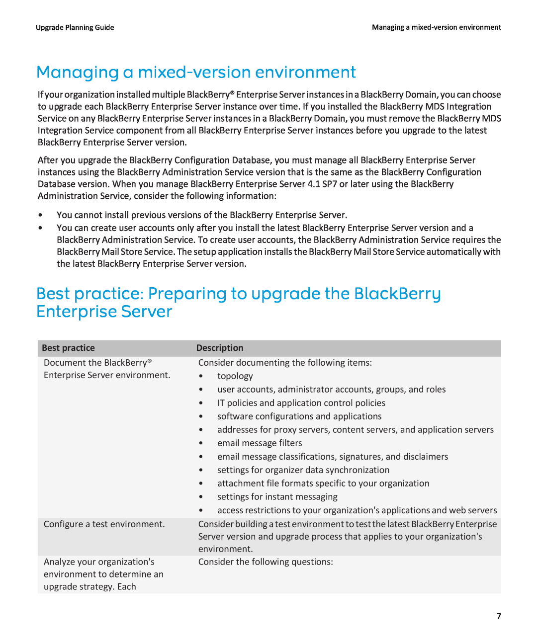Blackberry blackberry enterprise server manual Managing a mixed-version environment, Best practice, Description 