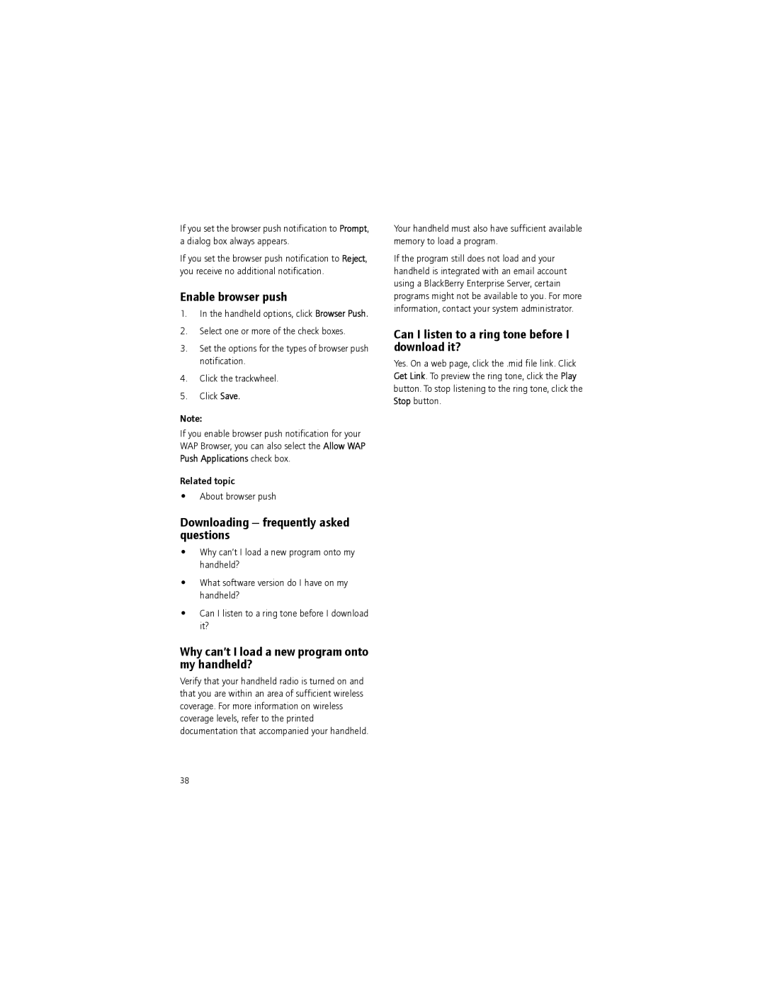 Blackberry BlackBerry manual Enable browser push, Downloading frequently asked questions, Related topic About browser push 