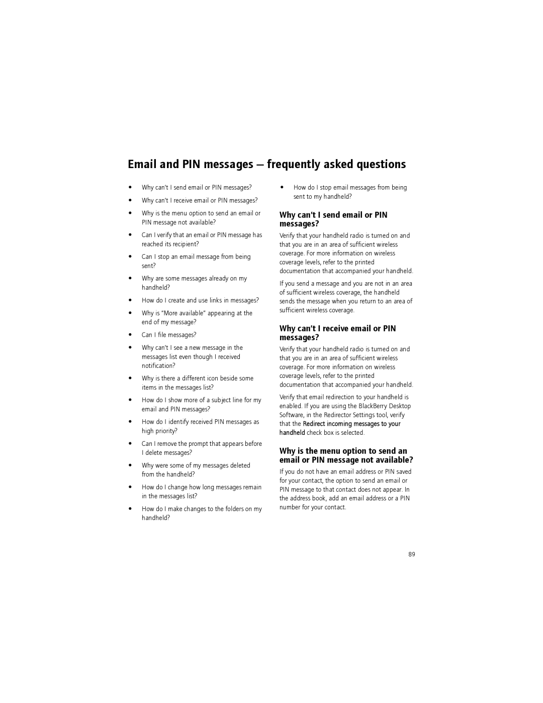Blackberry BlackBerry manual Why can’t I send email or PIN messages?, Why can’t I receive email or PIN messages? 