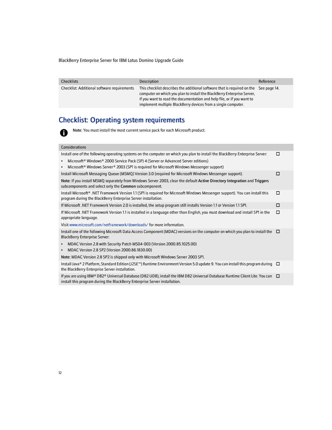 Blackberry manual Checklist Operating system requirements, BlackBerry Enterprise Server installation 