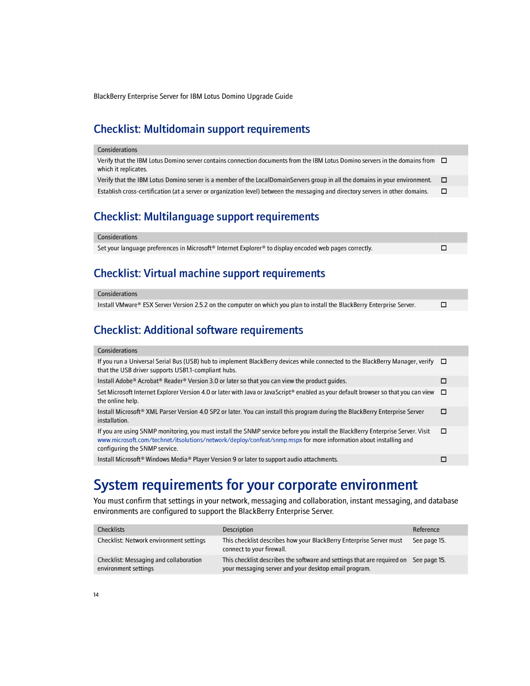 Blackberry Enterprise Server manual System requirements for your corporate environment 