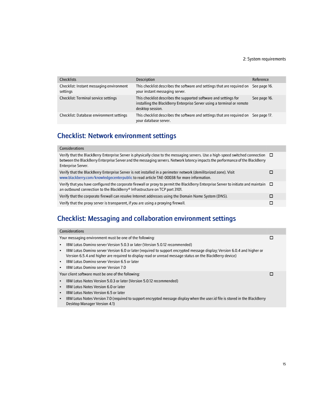 Blackberry Enterprise Server manual Checklist Network environment settings, Desktop session, Your database server 