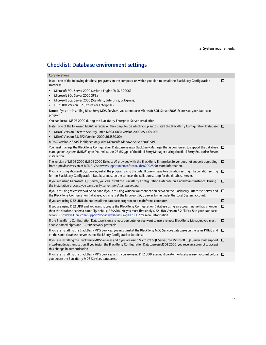 Blackberry Enterprise Server manual Checklist Database environment settings, Installation, This change in authentication 