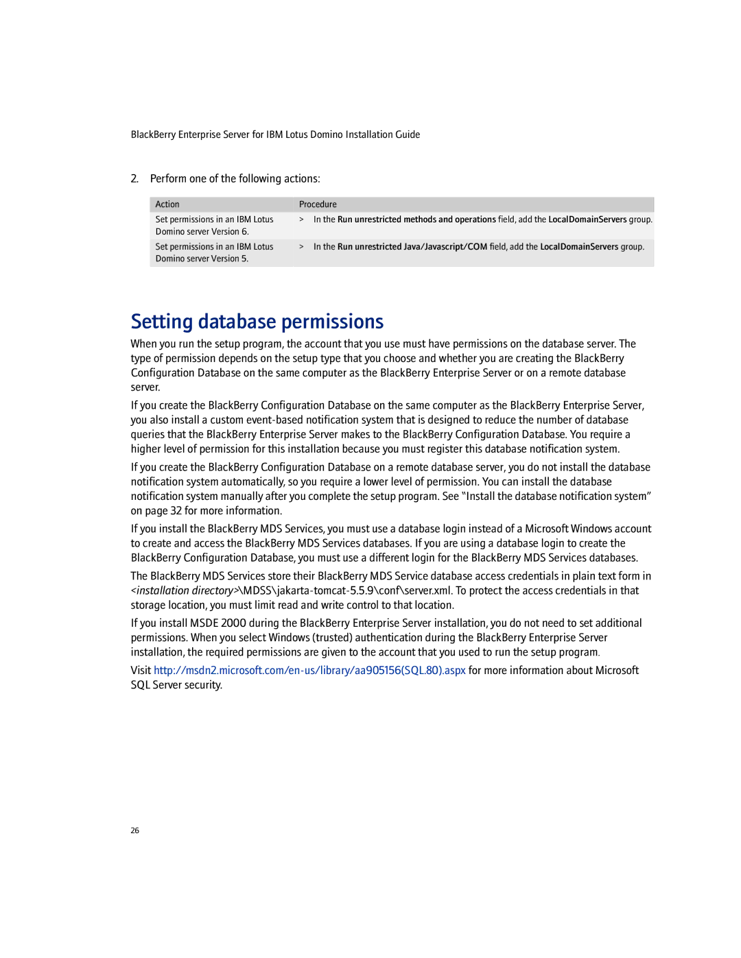 Blackberry Enterprise Server manual Setting database permissions, Action Procedure, Domino server Version 