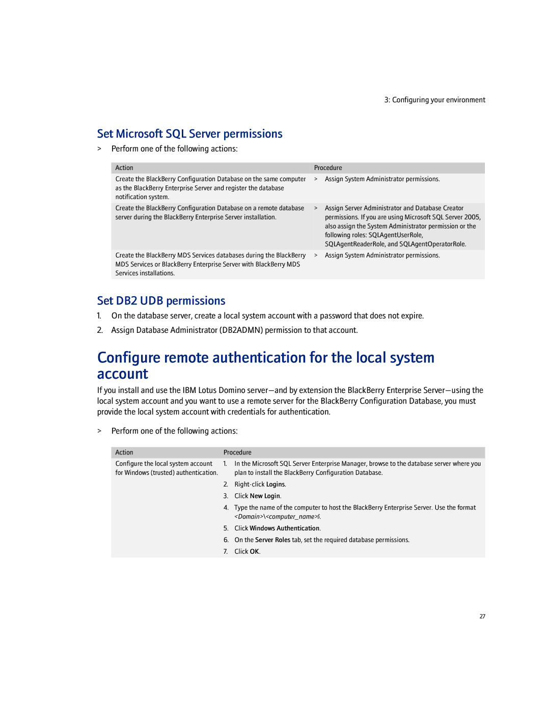 Blackberry Enterprise Server manual Set DB2 UDB permissions 