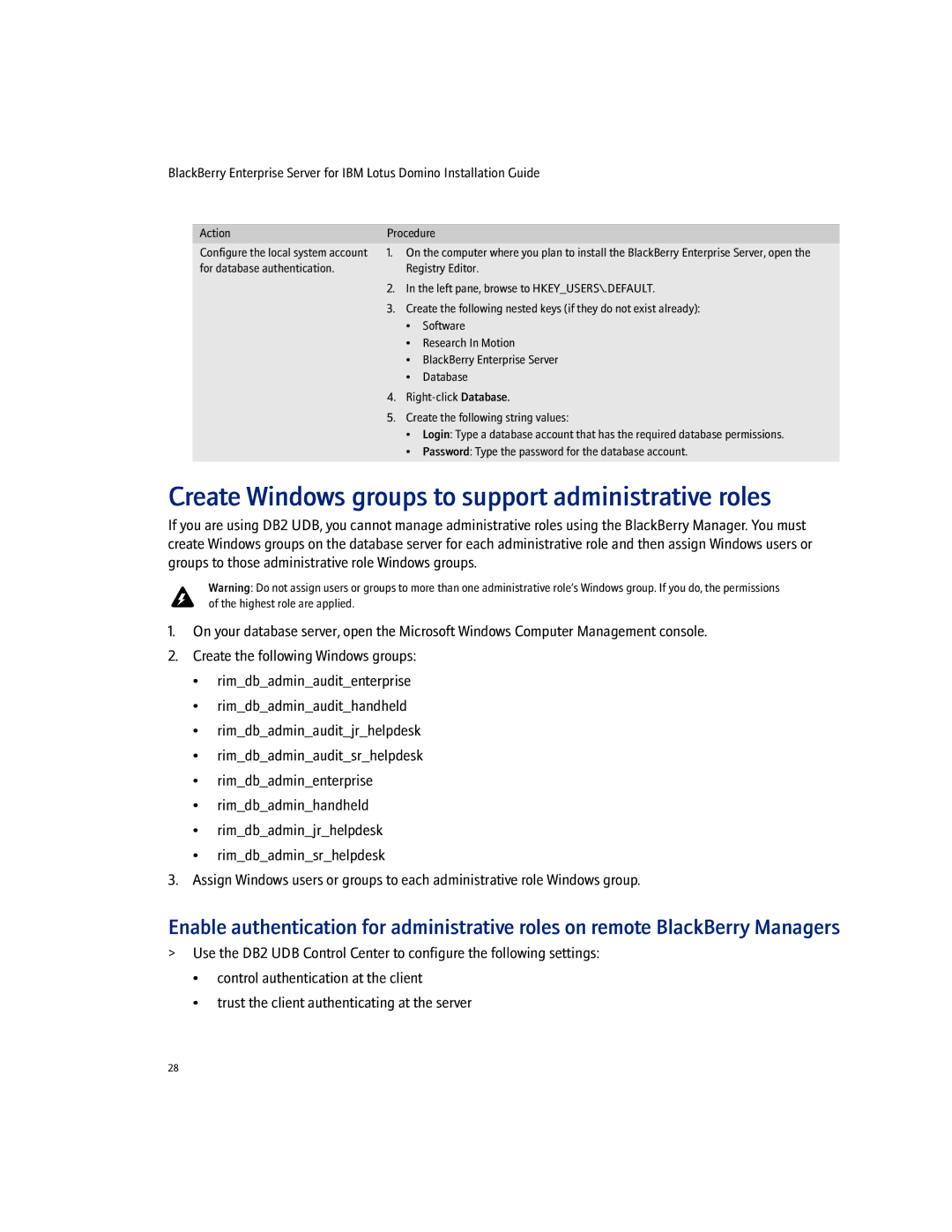 Blackberry Enterprise Server manual Create Windows groups to support administrative roles 