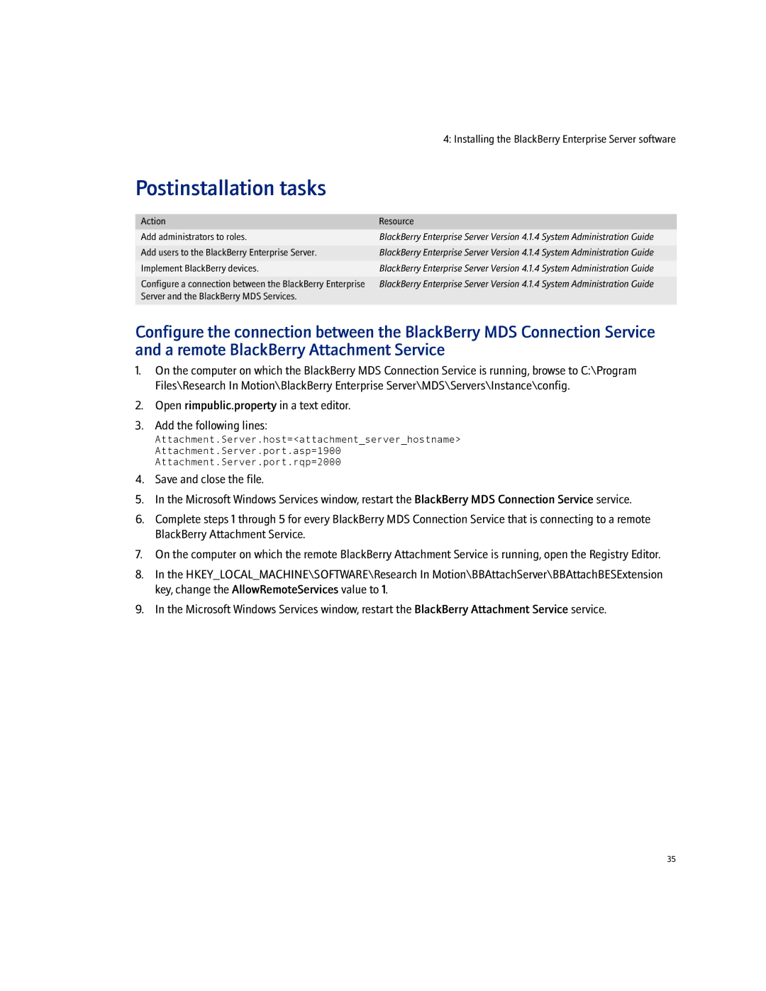 Blackberry Enterprise Server manual Postinstallation tasks, Action Resource Add administrators to roles 