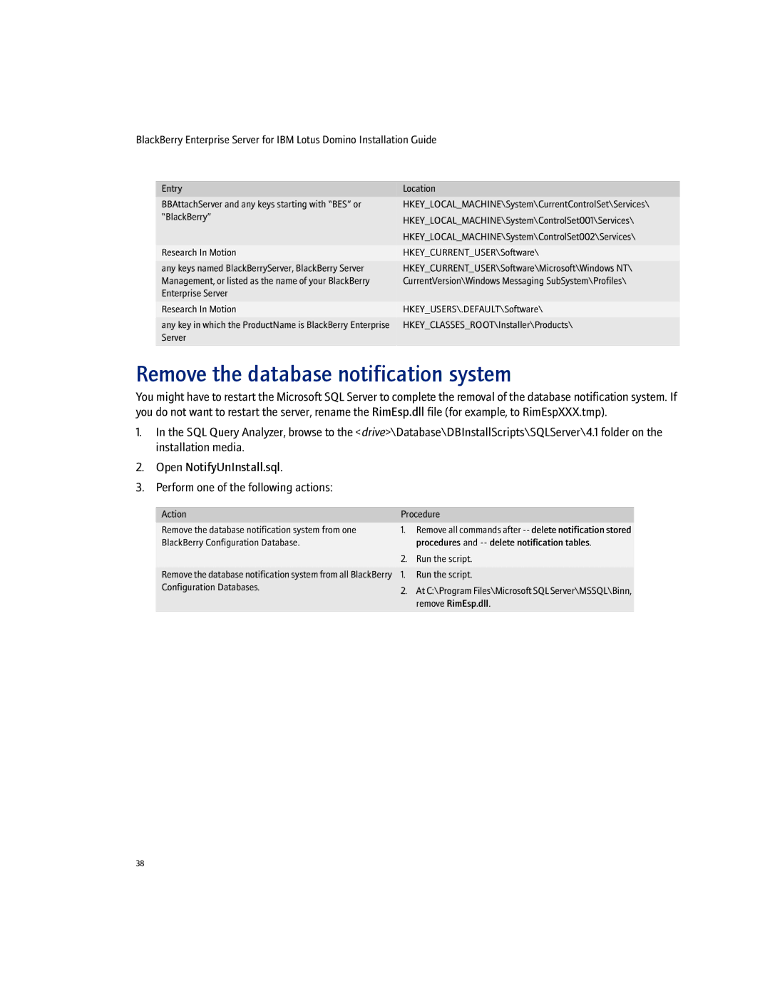 Blackberry Enterprise Server manual Remove the database notification system 