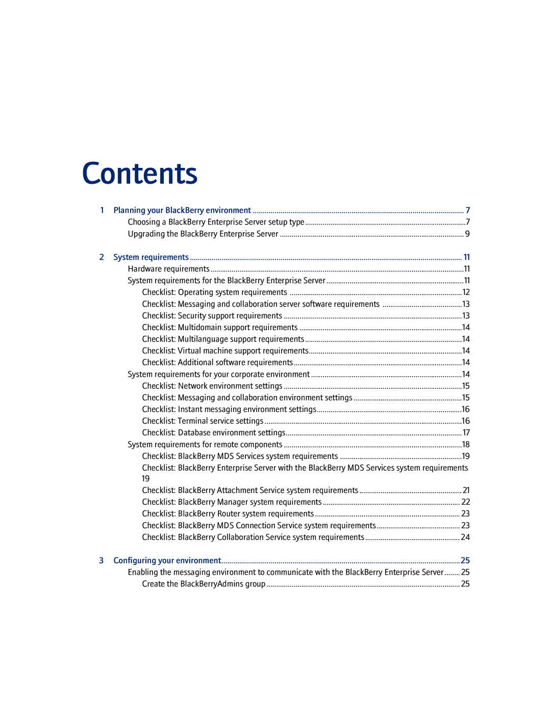 Blackberry Enterprise Server manual Contents 