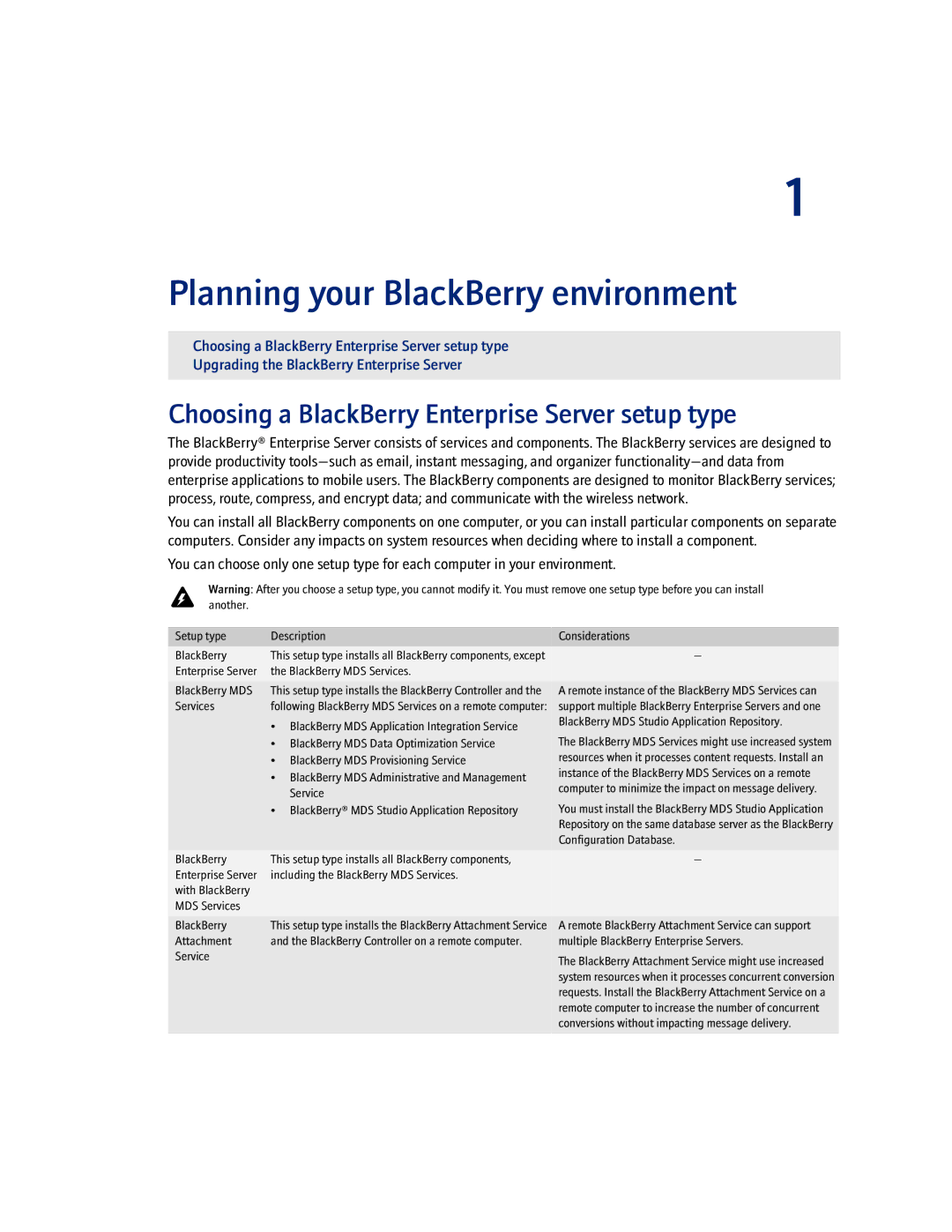 Blackberry manual Planning your BlackBerry environment, Choosing a BlackBerry Enterprise Server setup type 