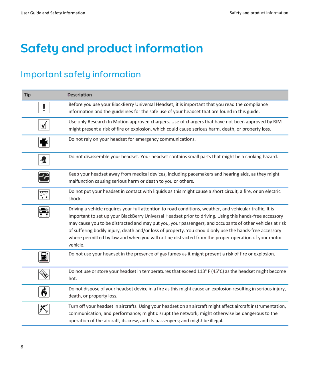 Blackberry HS-250 manual Important safety information, TipDescription 