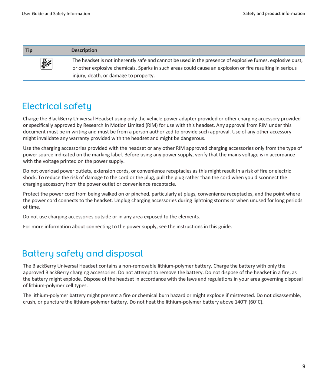 Blackberry HS-250 manual Electrical safety, Battery safety and disposal 