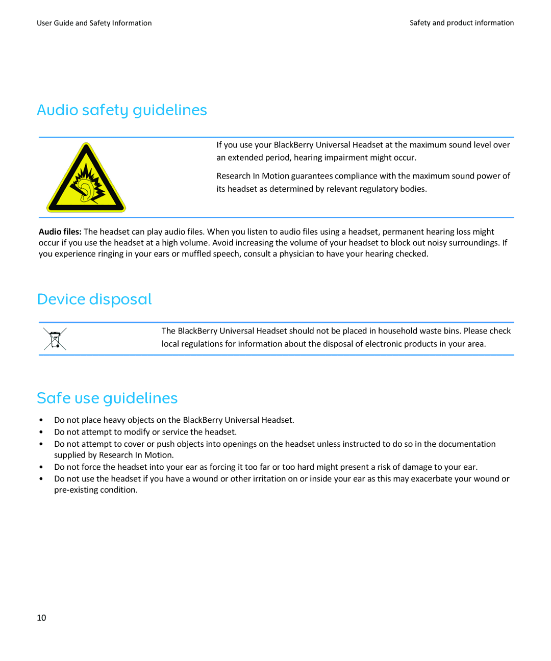 Blackberry HS-250 manual Audio safety guidelines, Device disposal, Safe use guidelines 