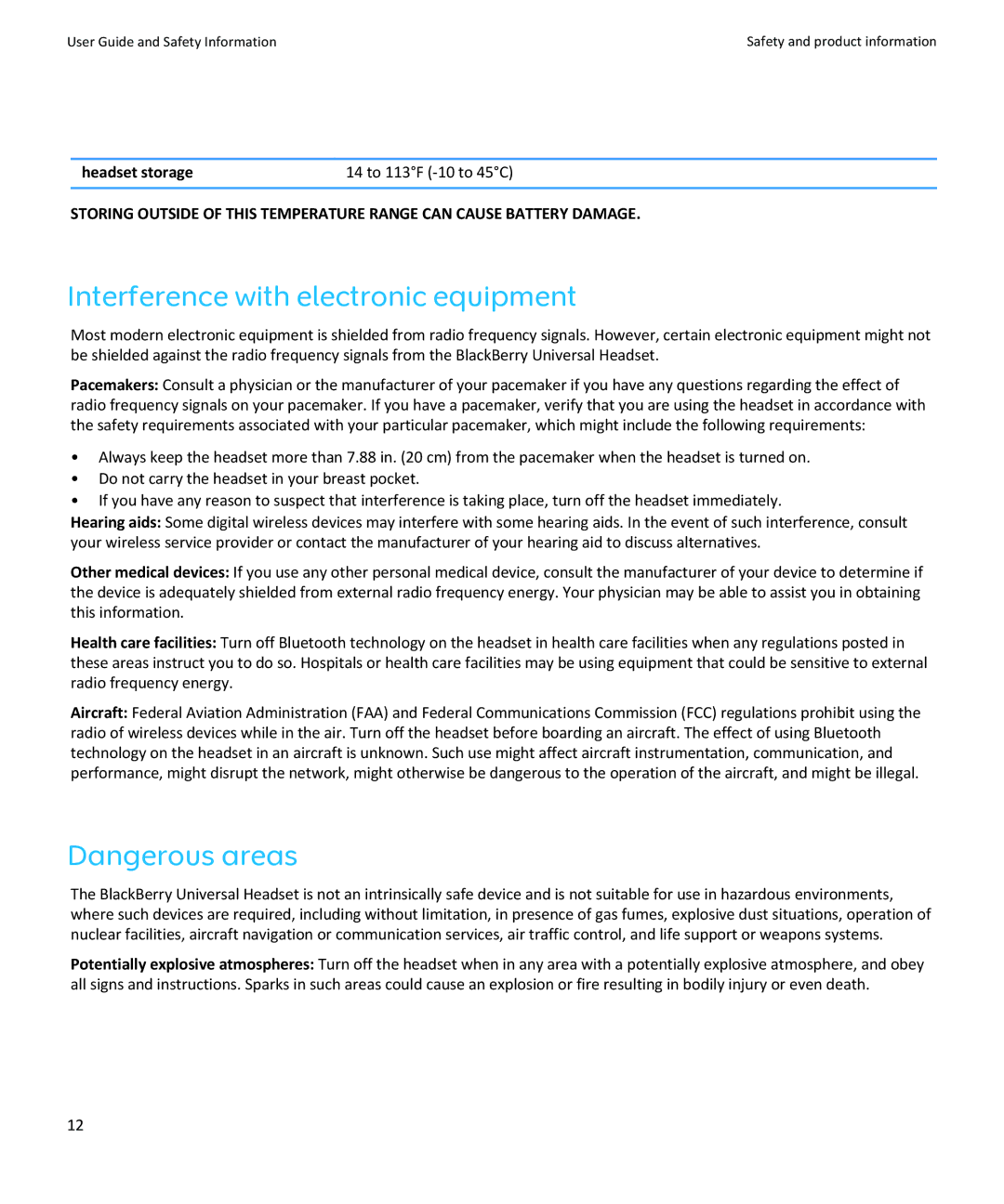 Blackberry HS-250 manual Interference with electronic equipment, Headset storage 