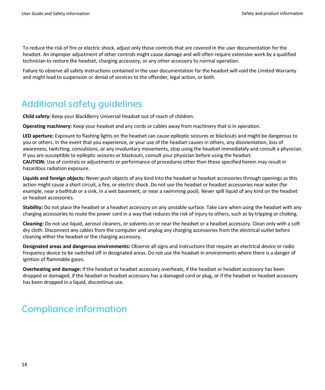 Blackberry HS-250 manual Additional safety guidelines, Compliance information 