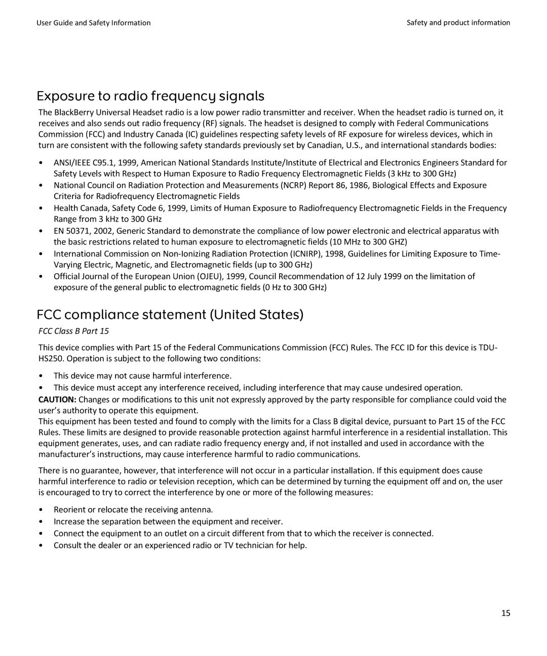 Blackberry HS-250 manual Exposure to radio frequency signals, FCC compliance statement United States 