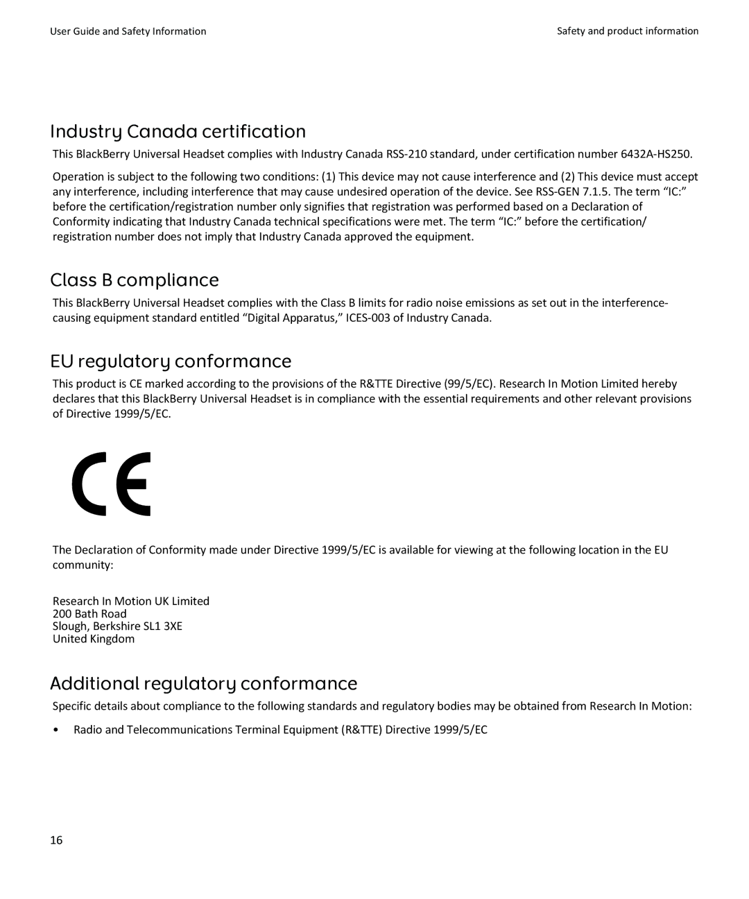 Blackberry HS-250 manual Industry Canada certification, Class B compliance, EU regulatory conformance 