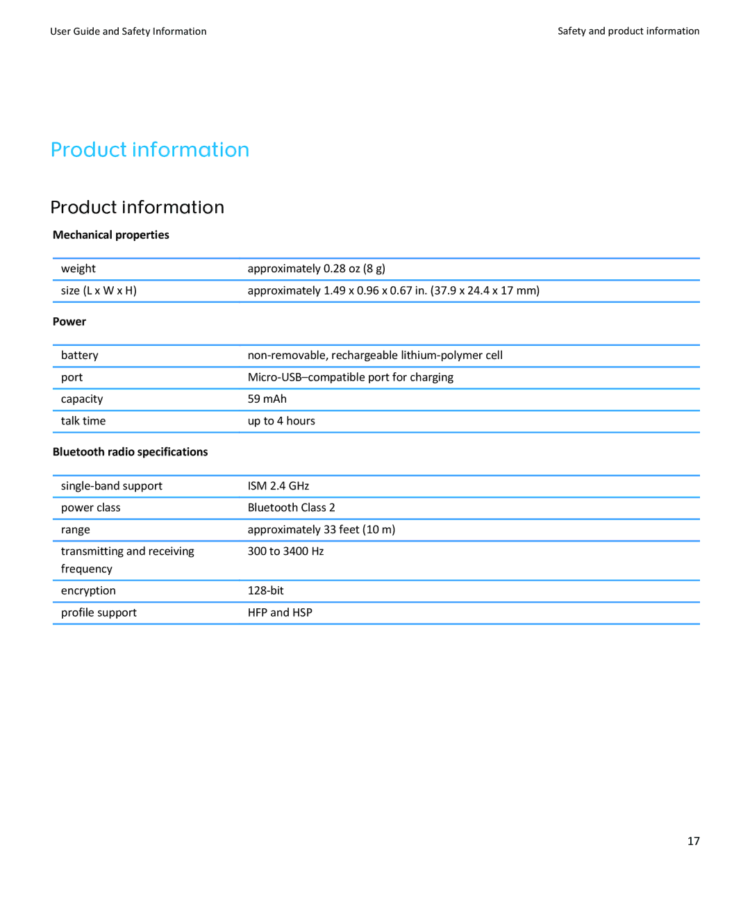 Blackberry HS-250 manual Product information, Mechanical properties, Power, Bluetooth radio specifications 