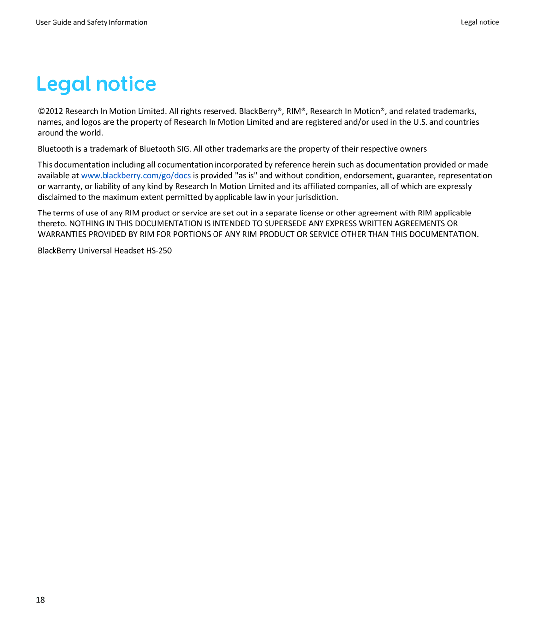 Blackberry HS-250 manual Legal notice 