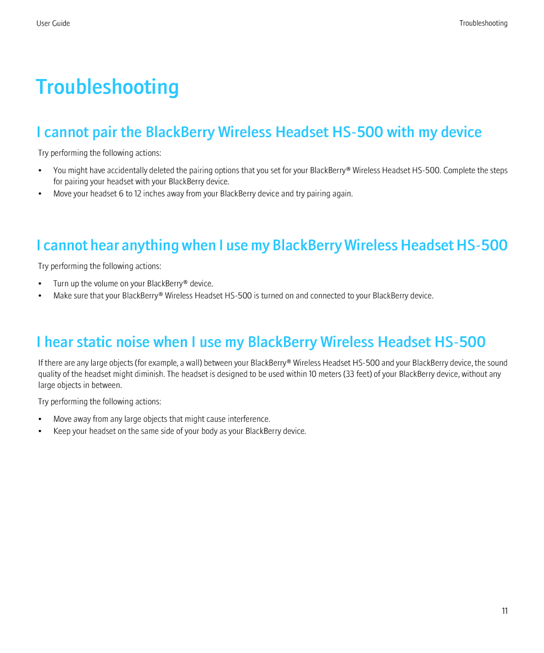 Blackberry HS-500 manual Troubleshooting 