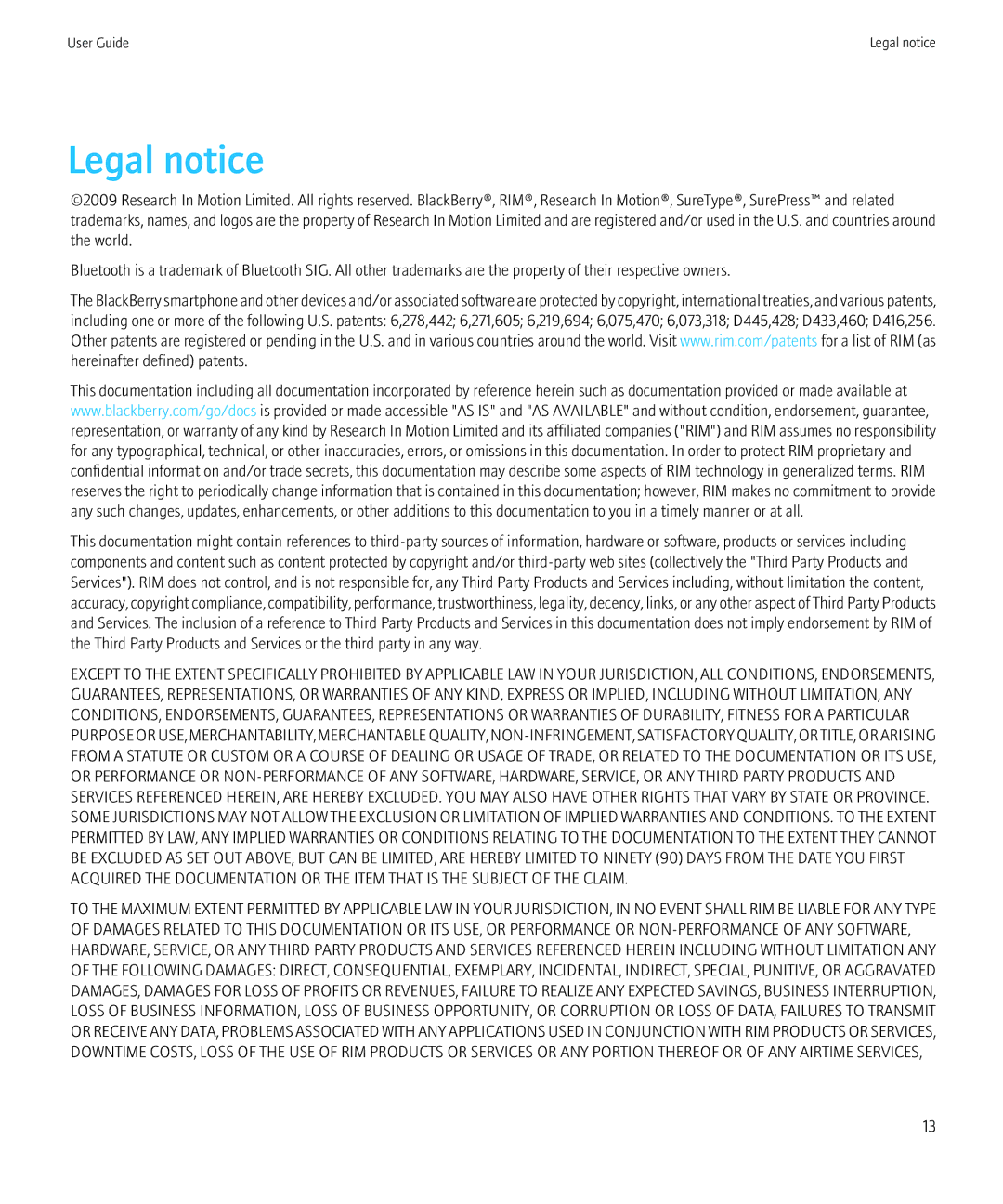 Blackberry HS-500 manual Legal notice 