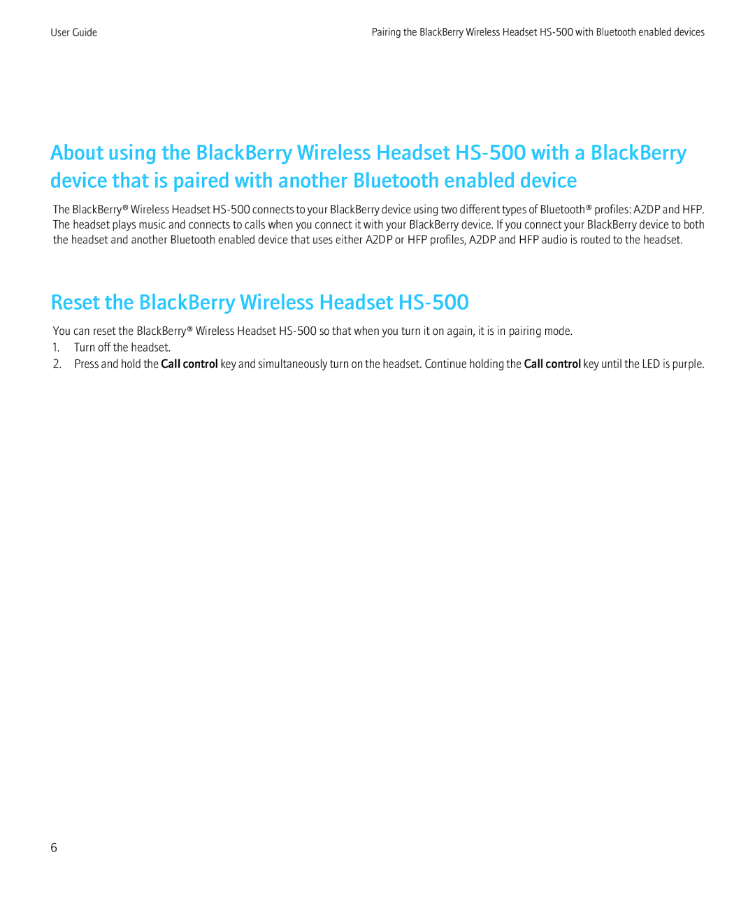 Blackberry manual Reset the BlackBerry Wireless Headset HS-500 