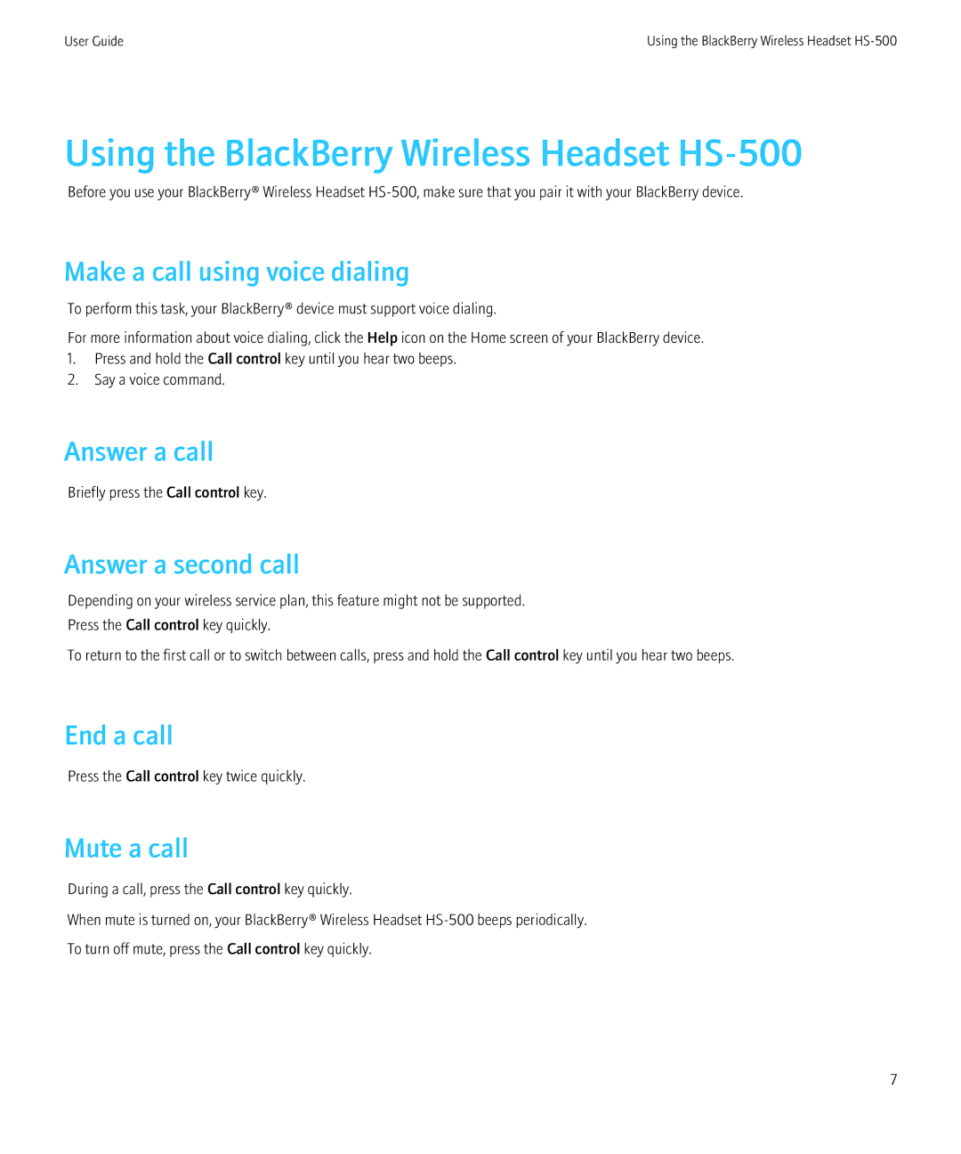 Blackberry manual Using the BlackBerry Wireless Headset HS-500 