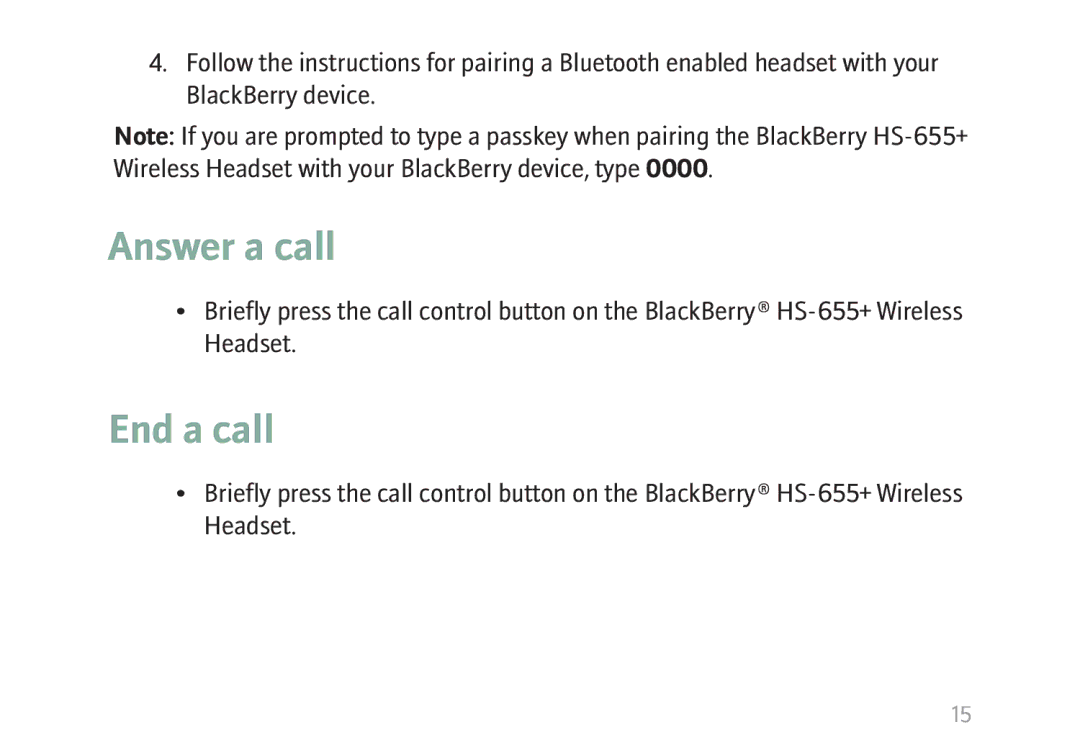 Blackberry HS-655 manual Answer a call 