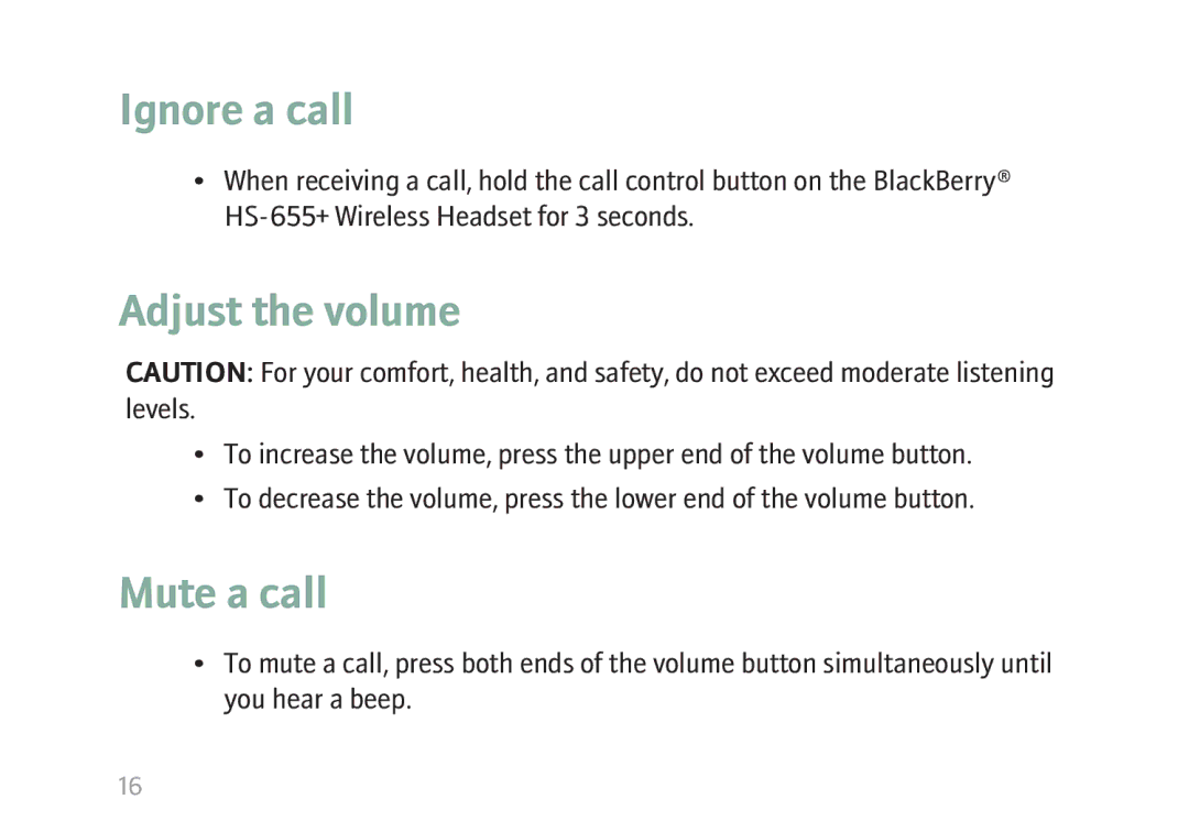 Blackberry HS-655 manual Ignore a call 